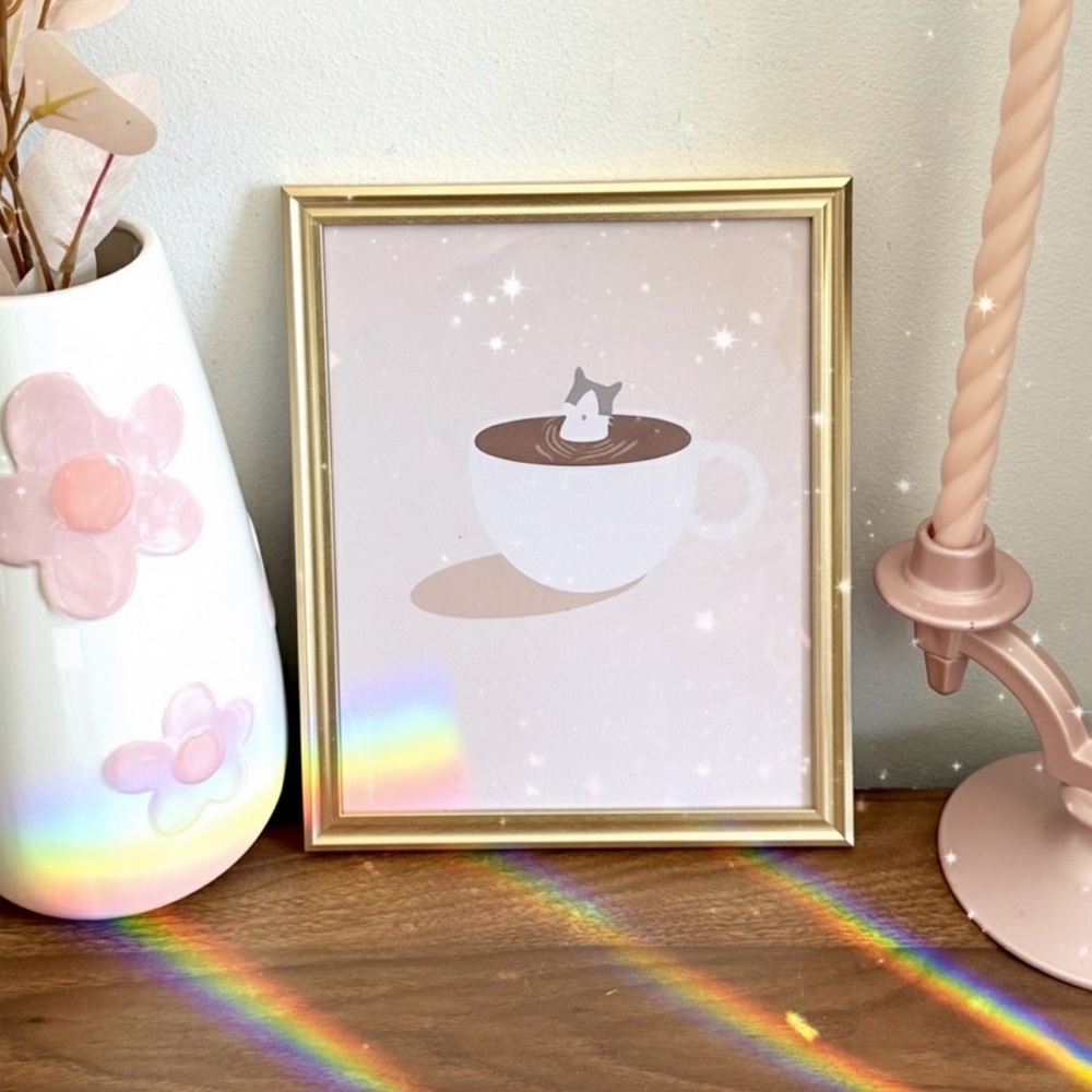 Catnap in a Coffee Cup Cat in a Mug Canvas Art Print Gold Framed Wall Hang Art